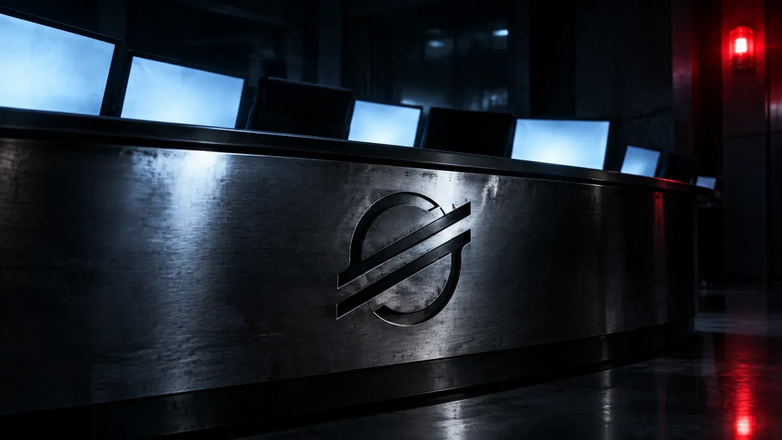 Dunkler Leitstand in einem nächtlichen Kontrollraum, in dessen polierte Metallfront das Stellar-Zeichen tief eingefräst ist, dahinter Bildschirme als kalte Lichtflächen und ein rotes Warnlicht