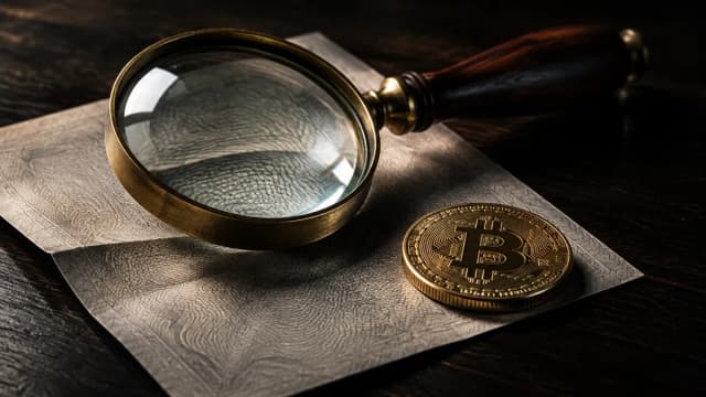Messinglupe auf einem gefalteten Papierbogen mit ornamentalem Wellenmuster, daneben eine Goldmünze mit Bitcoin-Prägung auf dunklem Holz
