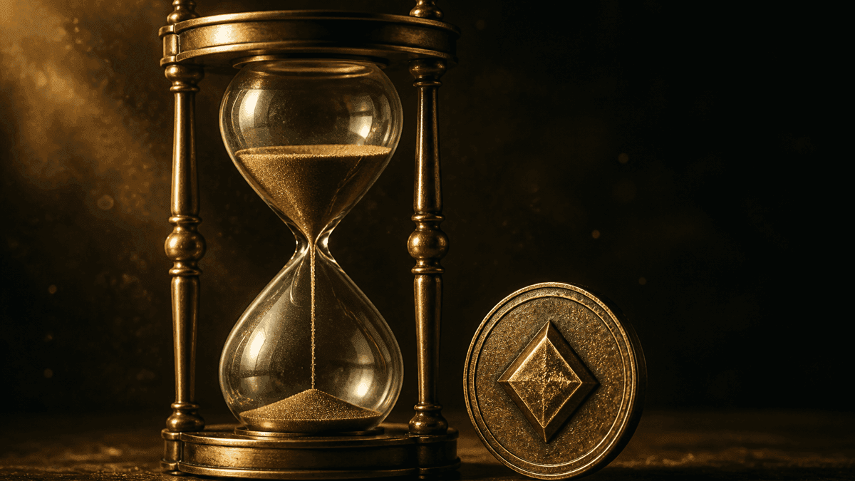 Messing-Sanduhr mit den letzten rinnenden Sandkörnern, daneben eine aufrecht stehende Metallmünze mit eingeprägtem rautenförmigem Symbol