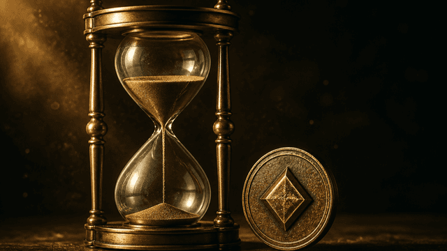 Messing-Sanduhr mit den letzten rinnenden Sandkoernern, daneben eine aufrecht stehende Metallmuenze mit eingepraegtem rautenfoermigem Symbol