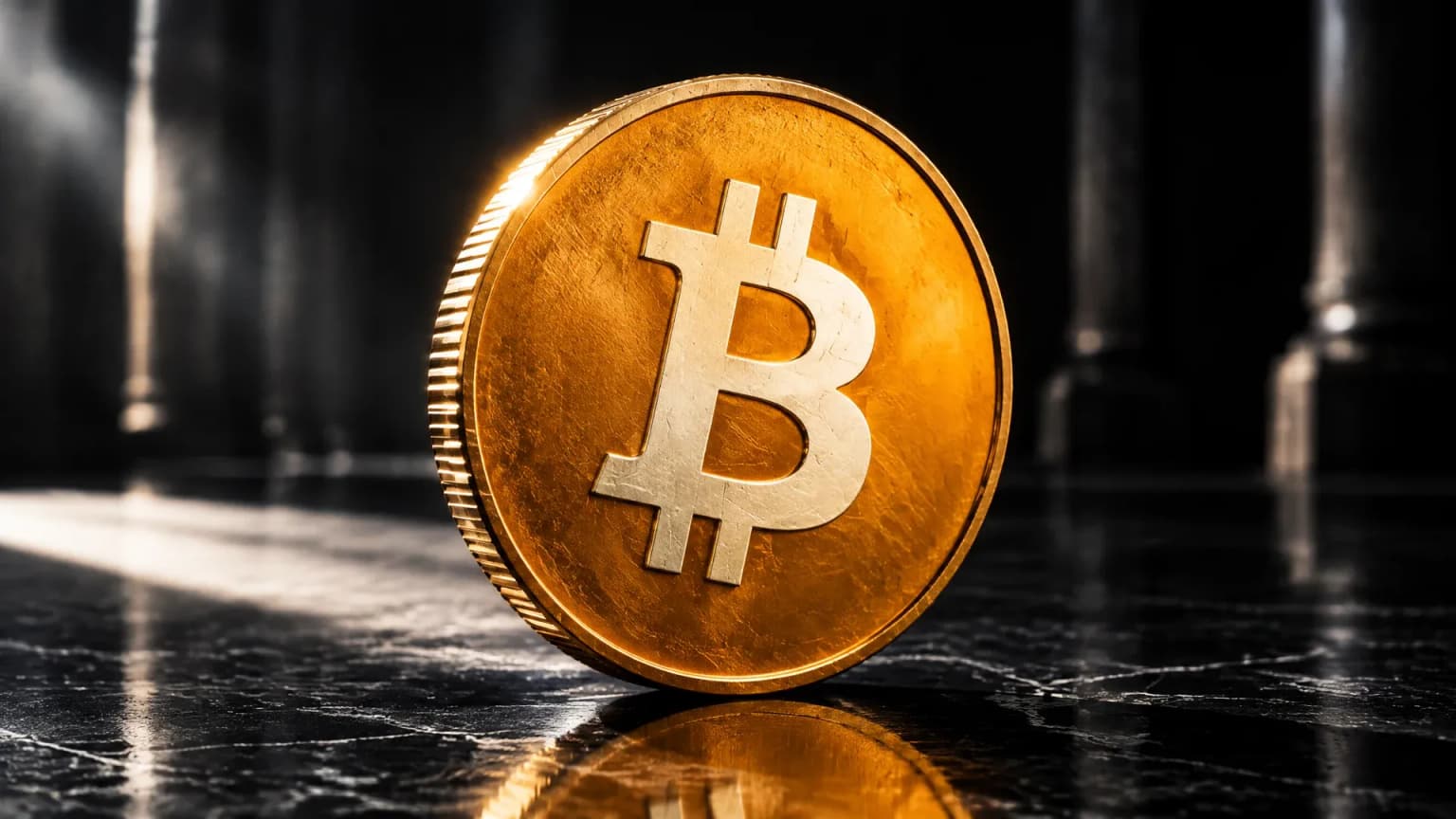 Schwere goldene Münze mit dem Bitcoin-Zeichen, aufrecht auf dunklem poliertem Stein in einer leeren Halle