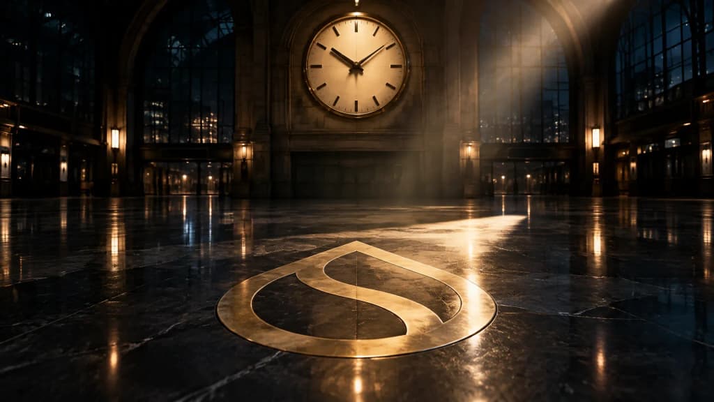 Bahnhofsuhr ohne Ziffern in einer leeren Bahnhofshalle bei Nacht, im Steinboden darunter das Sui-Zeichen als Messing-Intarsie