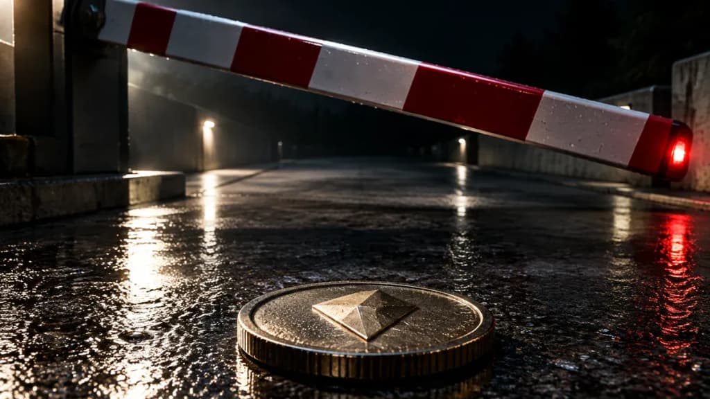 Rot-weiß lackierter Schlagbaum senkt sich kurz vor dem Schließen über eine leere Betondurchfahrt, davor liegt eine Metallmünze mit eingeprägtem rautenförmigem Symbol auf nassem Asphalt