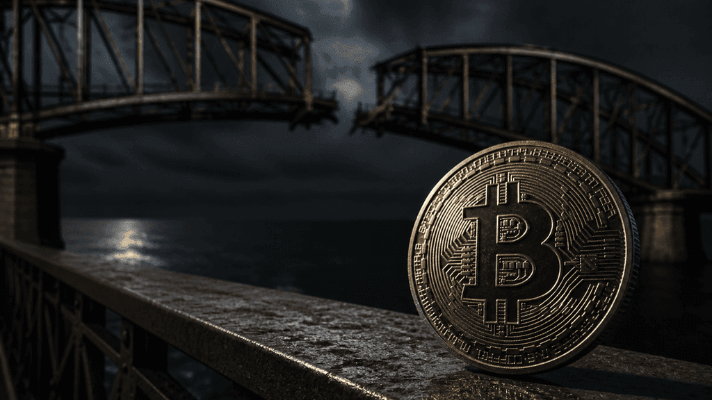 Stählerne Bogenbrücke bei Nacht mit herausgebrochenem Mittelsegment, davor eine schwere Münze mit eingeprägtem Bitcoin-Zeichen