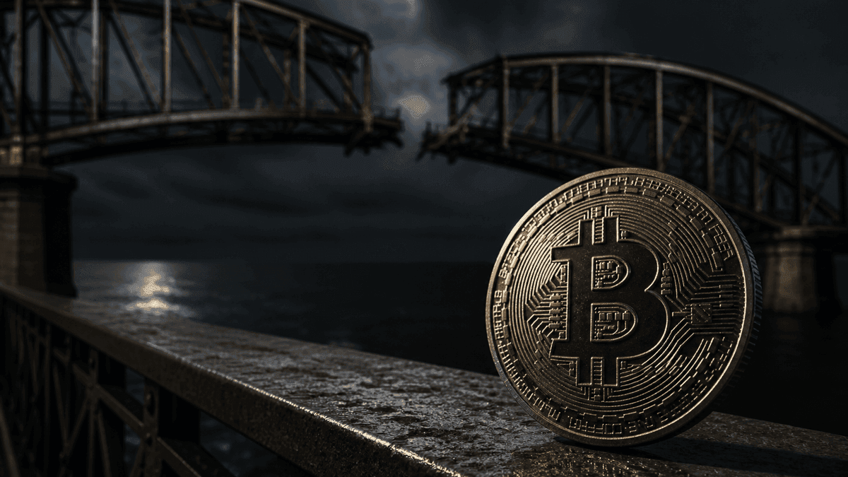 Stählerne Bogenbrücke bei Nacht mit herausgebrochenem Mittelsegment, davor eine schwere Münze mit eingeprägtem Bitcoin-Zeichen