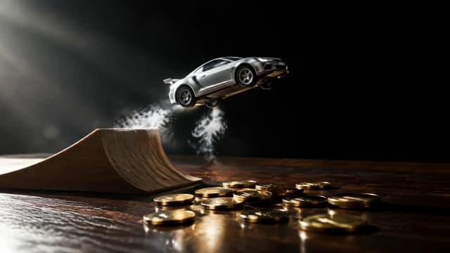 Silbernes Spielzeugauto springt über eine kleine Holzrampe, darunter liegen verstreute Goldmünzen