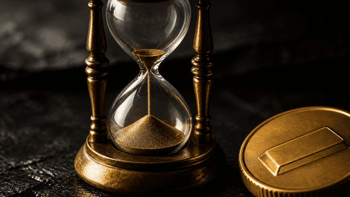 Fast abgelaufene Messing-Sanduhr auf dunklem Schiefer neben einer dicken goldenen Münze mit Barren-Relief