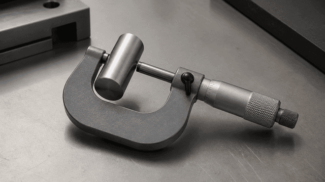 Eine Buegelmessschraube aus mattem Stahl vermisst auf einer Werkbank einen einzelnen glatten Metallzylinder