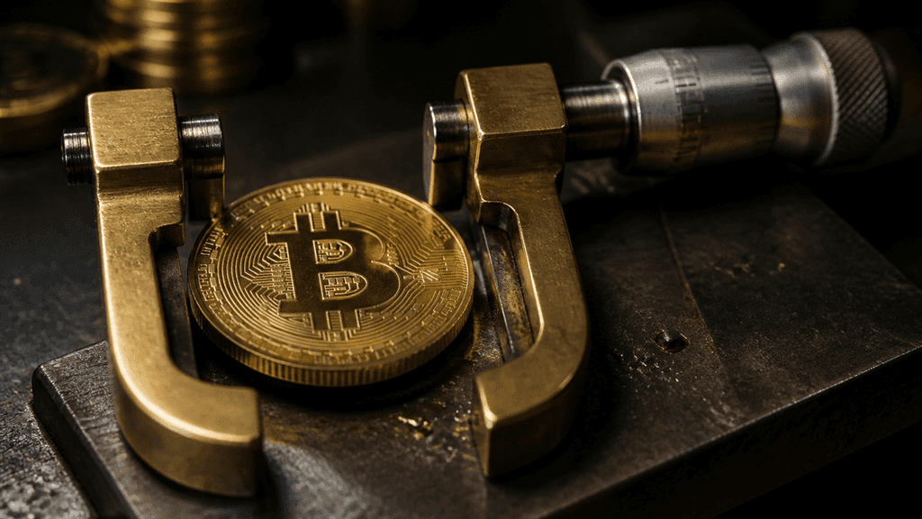 Goldene Münze mit eingeprägtem Bitcoin-Zeichen, eingespannt zwischen den Messbacken einer Bügelmessschraube aus Messing auf einer Stahlwerkbank