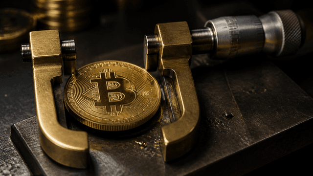 Goldene Münze mit eingeprägtem Bitcoin-Zeichen, eingespannt zwischen den Messbacken einer Bügelmessschraube aus Messing auf einer Stahlwerkbank