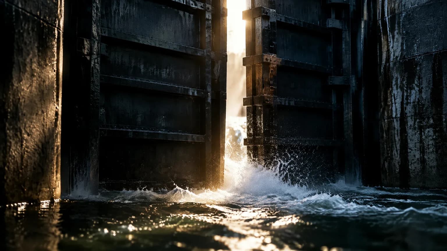 Schweres stählernes Schleusentor in einem Kanal, einen Spalt geöffnet, Wasser drängt im Gegenlicht hindurch