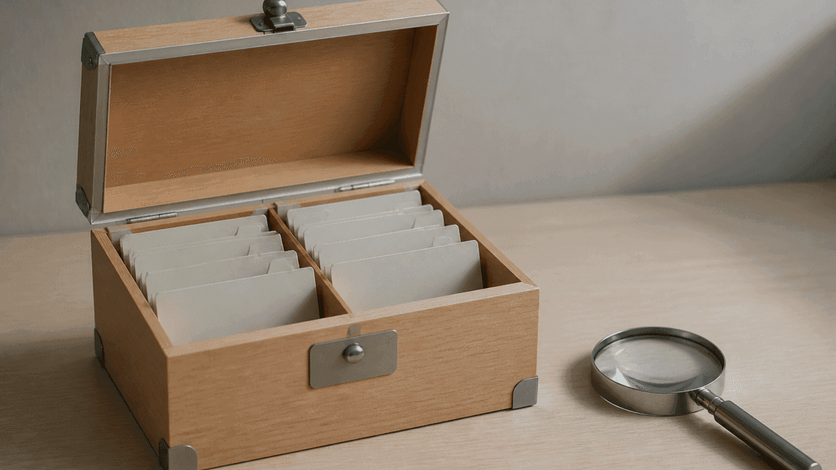 Aufgeklappter Karteikasten aus Holz mit zwei getrennten, leeren Registerfaechern, daneben eine Lupe auf einer Schreibtischplatte