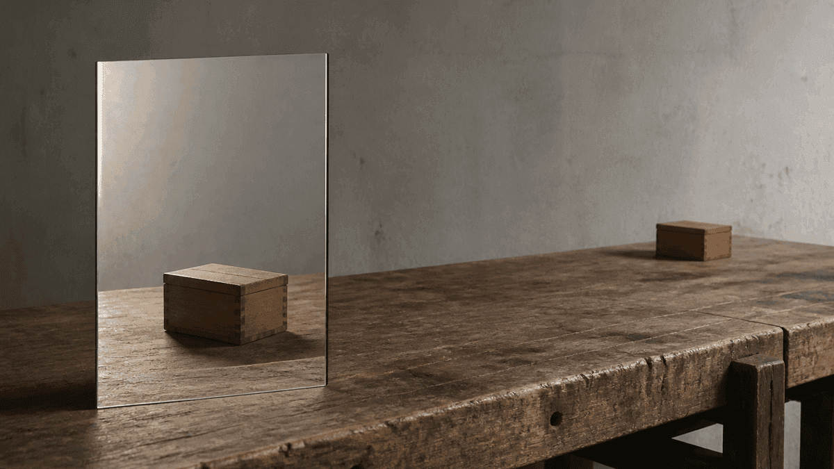 Ein rahmenloser Spiegel auf einer Holzwerkbank zeigt gross das Spiegelbild einer kleinen Holzkiste, waehrend die echte Kiste weit entfernt am anderen Ende der Bank steht.