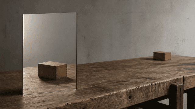 Ein rahmenloser Spiegel auf einer Holzwerkbank zeigt gross das Spiegelbild einer kleinen Holzkiste, waehrend die echte Kiste weit entfernt am anderen Ende der Bank steht.