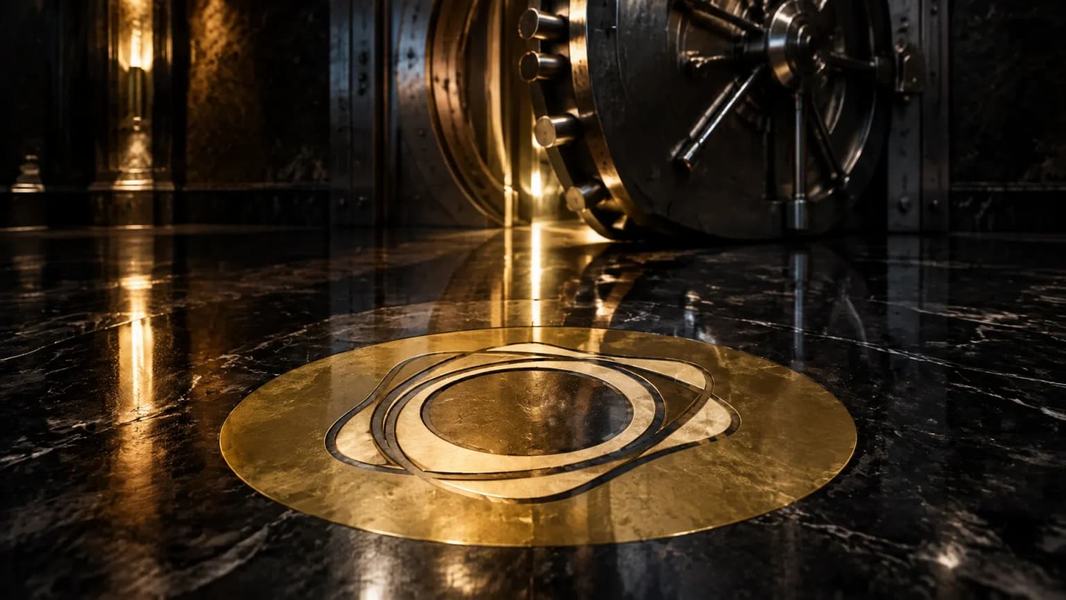 Messing-Intarsie mit dem PAX-Gold-Zeichen im polierten Steinboden einer leeren Tresorhalle, dahinter eine schwere Stahltür