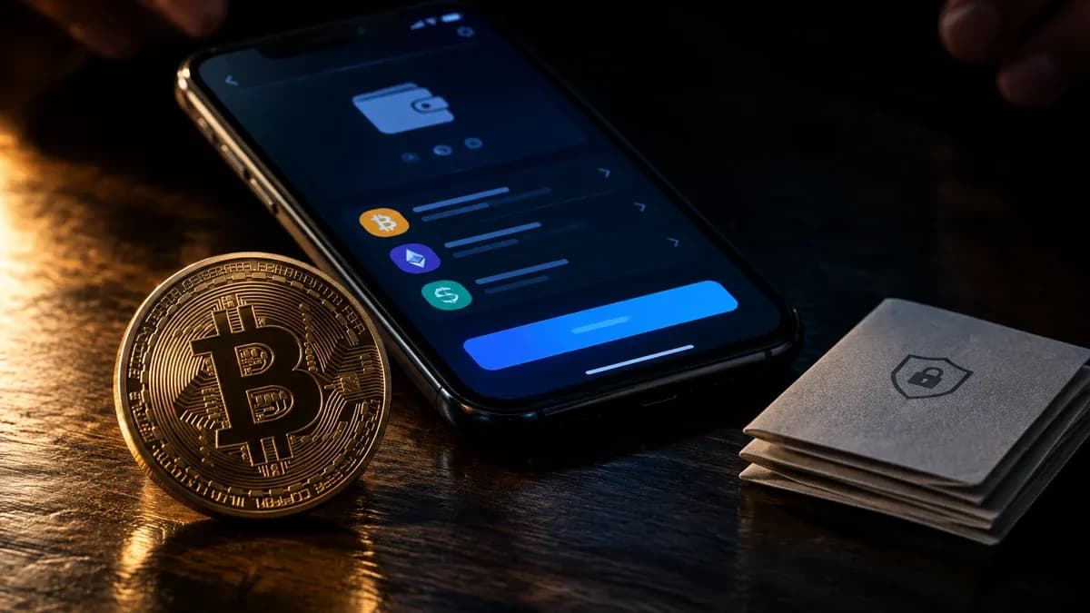 Leuchtendes Smartphone auf dunkler Holzplatte neben einer schweren Münze mit eingeprägtem Bitcoin-Zeichen und gefalteten Papierkarten