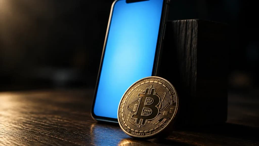 Aufrecht gelehntes Smartphone mit blau leuchtendem, leerem Bildschirm auf einer Schreibtischplatte, davor eine Münze mit eingeprägtem Bitcoin-Zeichen