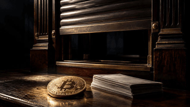 Wechselstuben-Schalter mit halb heruntergelassener Rollklappe, davor eine große Münze mit Bitcoin-Symbol und unbedruckte Geldscheine
