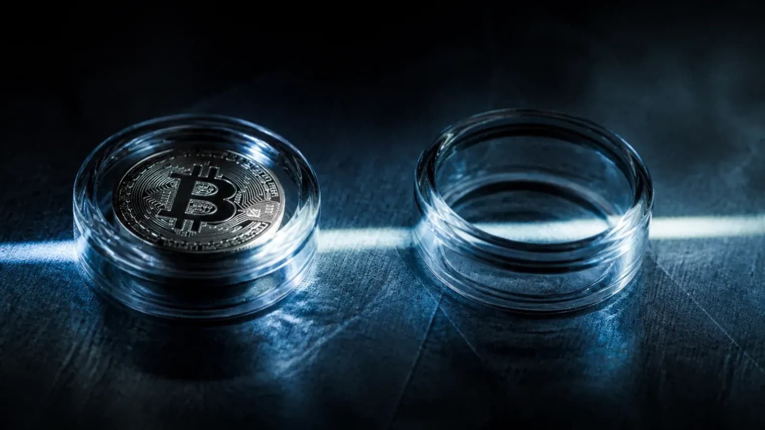 Eine Münze in einem verschlossenen Behälter neben einem offenen, leeren Behälter als Sinnbild für Krypto-Verwahrung ohne eigene Schlüssel bei Trade Republic
