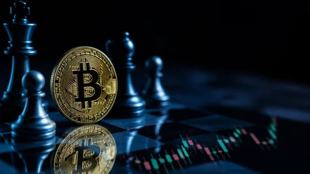 Bitcoin-Münze als Figur auf einem dunklen Schachbrett vor einem gespiegelten Kurschart, Sinnbild für Trading lernen mit Plan