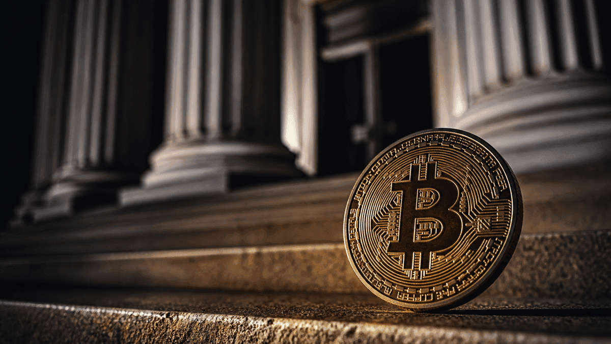 Golden Bitcoin coin on a stone step in front of the illuminated columned portal of a neoclassical government building at night