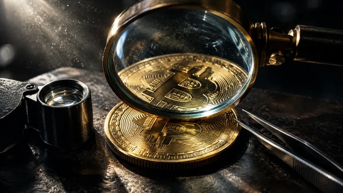 Grosse Lupe aus Messing ueber einer physischen Muenze mit Bitcoin-Zeichen auf einer dunklen Werkbank, daneben Juwelierslupe und Pinzette
