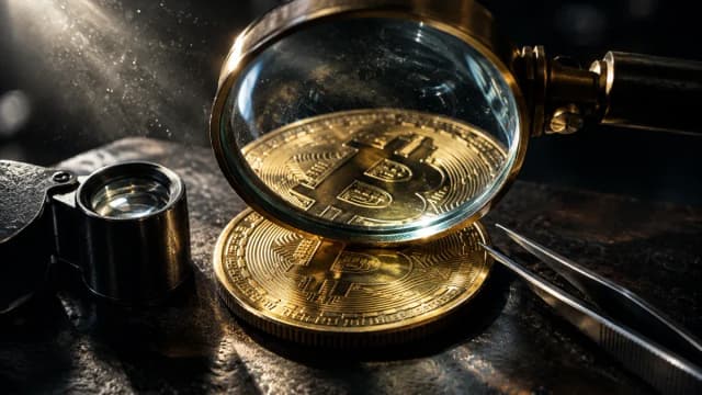 Grosse Lupe aus Messing ueber einer physischen Muenze mit Bitcoin-Zeichen auf einer dunklen Werkbank, daneben Juwelierslupe und Pinzette