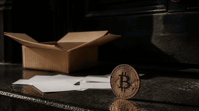 Geoeffneter Versandkarton auf einer dunklen Tuerschwelle, daneben leere weisse Versandetiketten und eine hochkant stehende Bitcoin-Muenze
