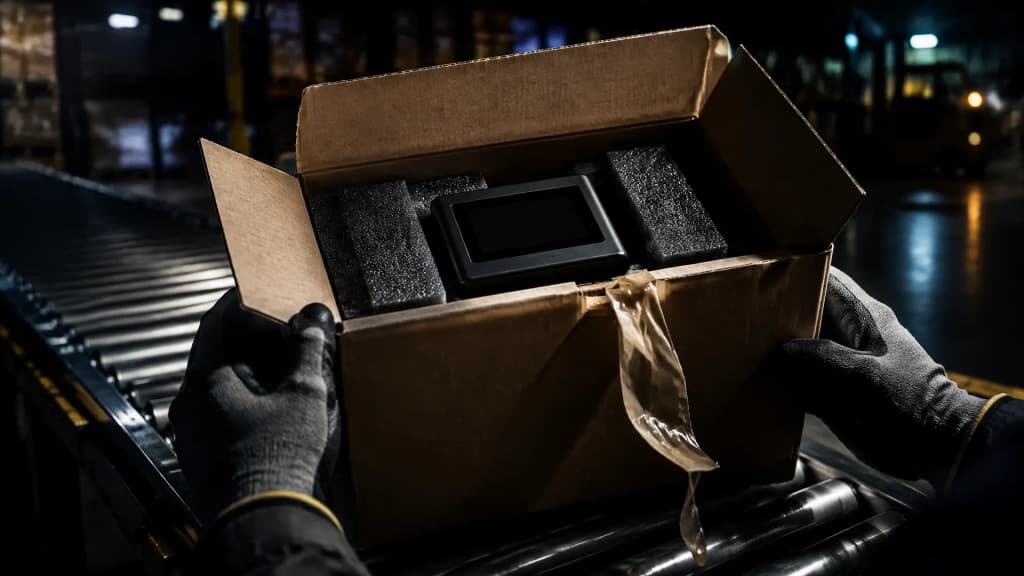 Geoeffneter markenloser Versandkarton auf einem Rollenband in einem Logistiklager, darin ein kleines schwarzes Geraet mit dunklem Display