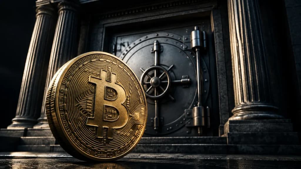 Massives geschlossenes Stahl-Tresortor vor einem klassizistischen Behördenportal aus dunklem Stein, im Vordergrund eine schwere Münze mit eingeprägtem Bitcoin-Zeichen