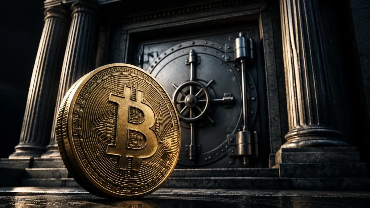 Massives geschlossenes Stahl-Tresortor vor einem klassizistischen Behördenportal aus dunklem Stein, im Vordergrund eine schwere Münze mit eingeprägtem Bitcoin-Zeichen