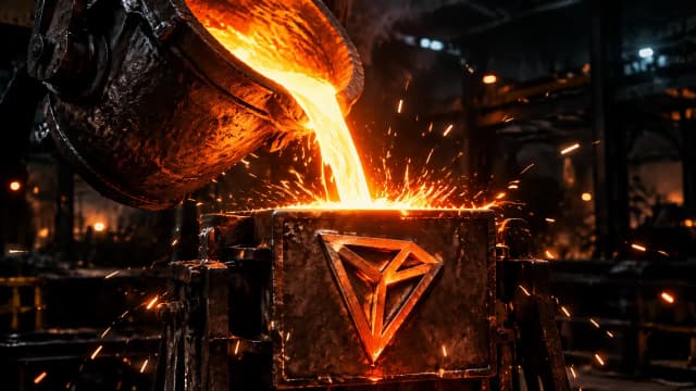 Giesspfanne kippt glühendes Metall in eine offene Form, an der Formwand ein erhabenes Gussrelief mit dem TRON-Zeichen
