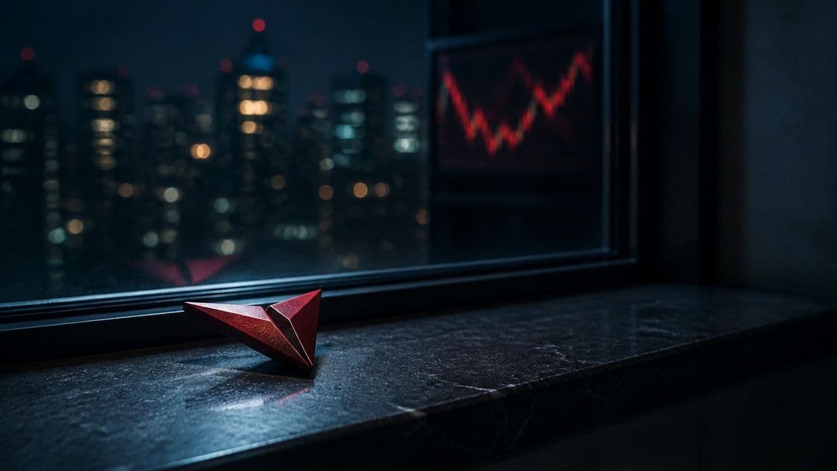 Rotes kantiges Metallobjekt auf einer Fensterbank bei Nacht, Stadtlichter unscharf hinter der Scheibe