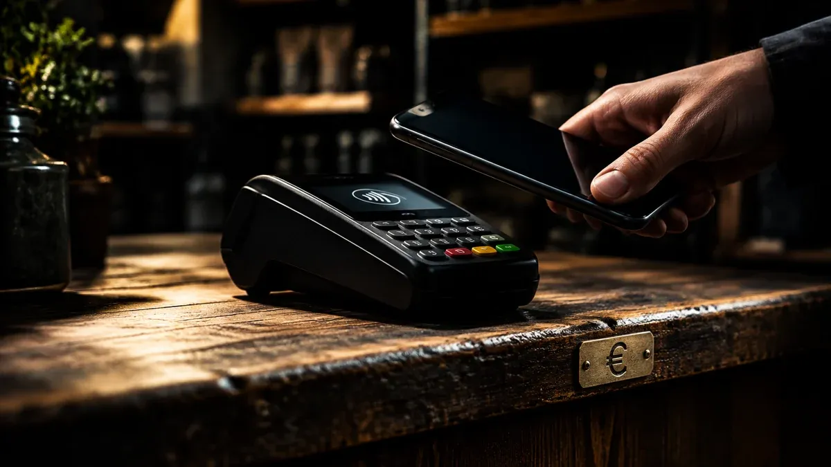 Kartenterminal auf einem Holztresen, eine Hand hält ein dunkles Smartphone an das Lesefeld, am Gehäuse eine Messingplakette mit eingraviertem Währungszeichen