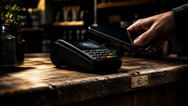 Kartenterminal auf einem Holztresen, eine Hand hält ein dunkles Smartphone an das Lesefeld, am Gehäuse eine Messingplakette mit eingraviertem Währungszeichen