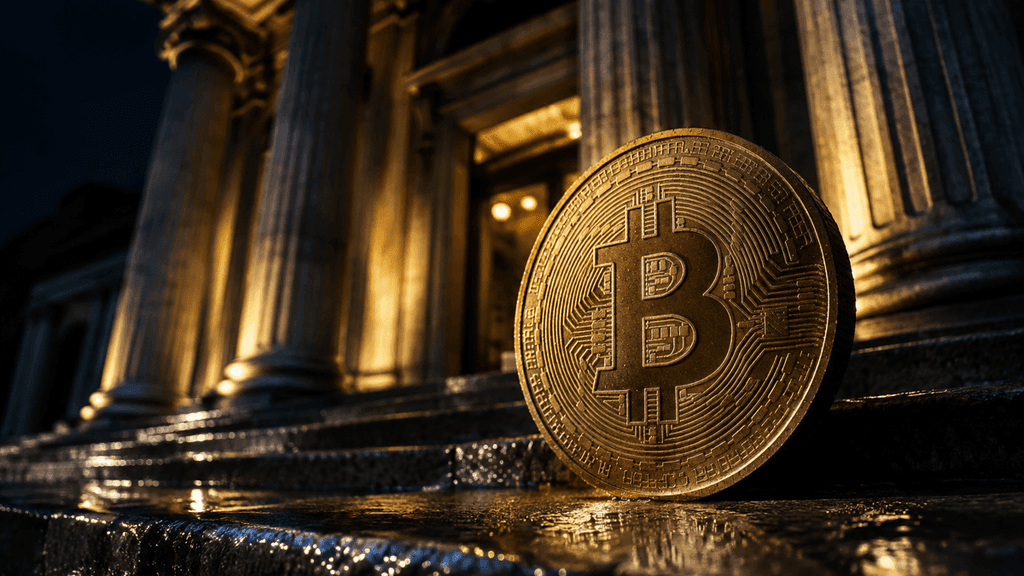 Monumentales Säulenportal eines Regierungsgebäudes bei Nacht, davor eine Münze mit Bitcoin-Zeichen