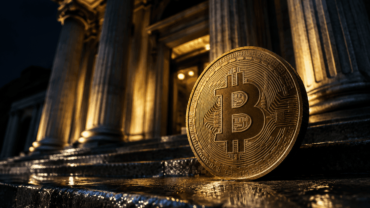 Monumentales Säulenportal eines Regierungsgebäudes bei Nacht, davor eine Münze mit Bitcoin-Zeichen