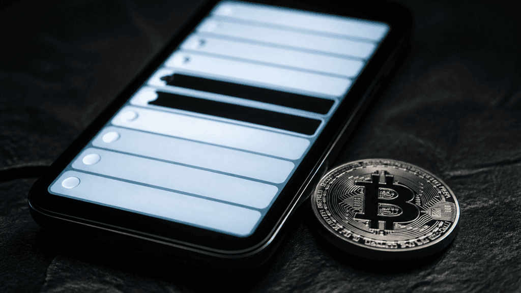 Smartphone auf dunkler Schieferplatte, auf dem Display eine Liste leerer Zeilen, von denen mehrere zu schwarzen Lücken erloschen sind, daneben eine silberne Münze mit eingeprägtem Bitcoin-Zeichen