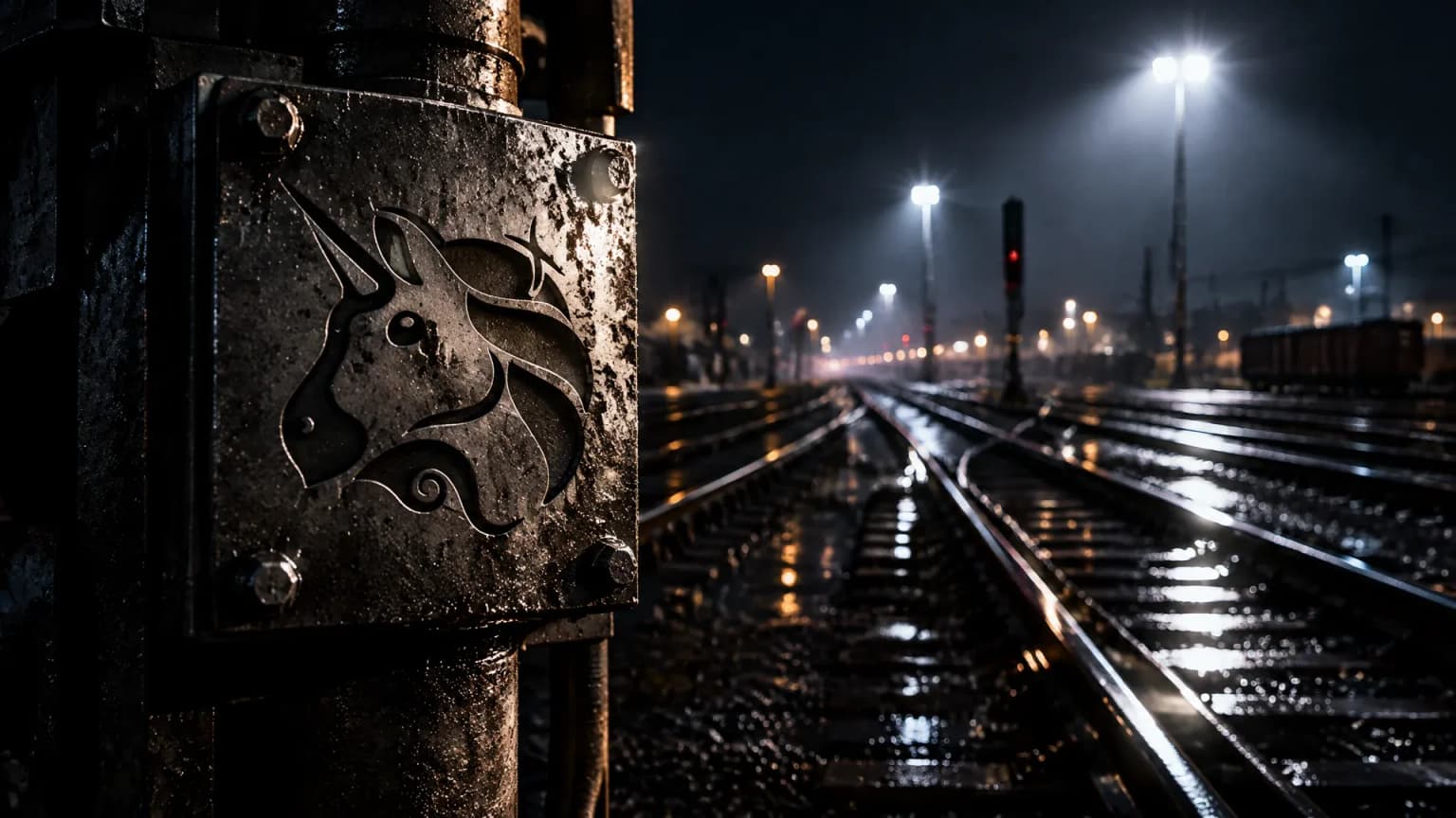 Nächtliches Weichenfeld eines Rangierbahnhofs, viele Gleise laufen in einen Strang zusammen, am Signalmast eine Metallplatte mit dem eingravierten Uniswap-Zeichen