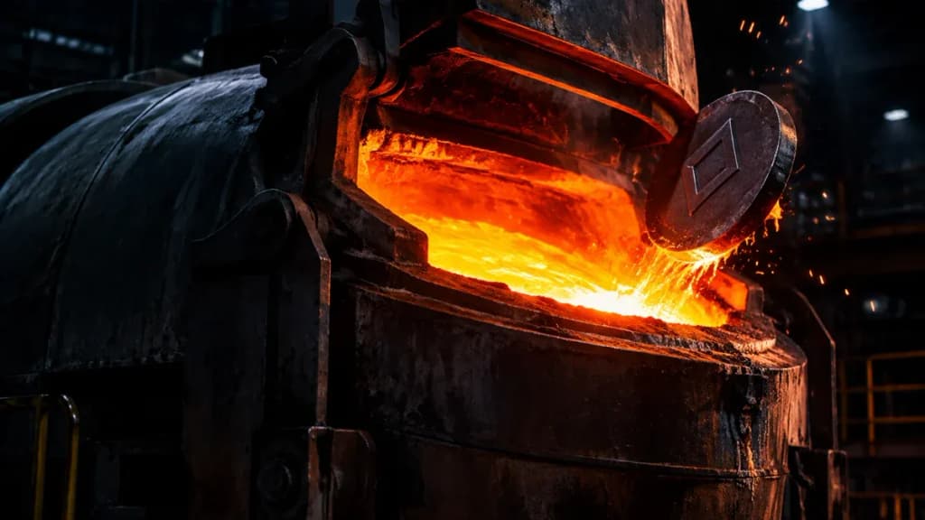 Glühender Schmelzofen in einer dunklen Werkhalle, eine Metallscheibe mit eingeprägtem rautenförmigem Symbol kippt in das flüssige Metall