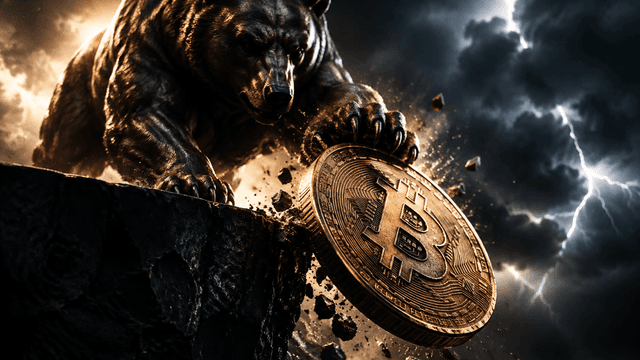 Bronzener Bär drückt eine kippende Metallmünze mit Bitcoin-Prägung über die Kante eines Steinpodests