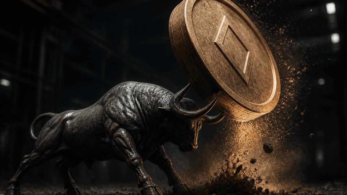 Metallener Stier stemmt eine große Münze mit eingeprägtem rautenförmigem Symbol nach oben