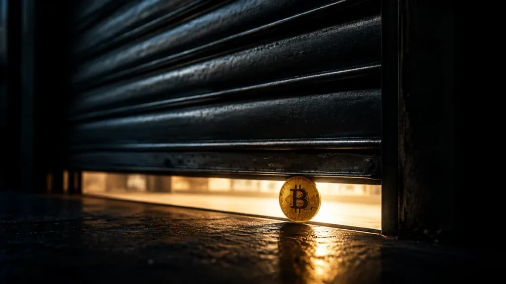 Ein schwerer Stahlrollladen ist fast bis zum Boden heruntergelassen, im letzten Lichtspalt darunter steht aufrecht eine goldene Münze mit eingeprägtem Bitcoin-Zeichen