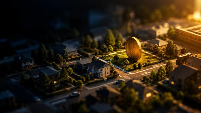 Miniaturmodell einer Stadt mit einer goldenen Münze auf einem Grundstück