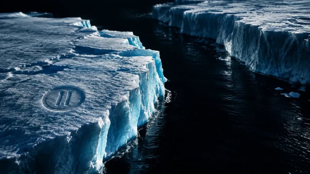 Zwei gewaltige Eisschollen driften auf fast schwarzem Wasser auseinander, dazwischen ein breiter dunkler Kanal