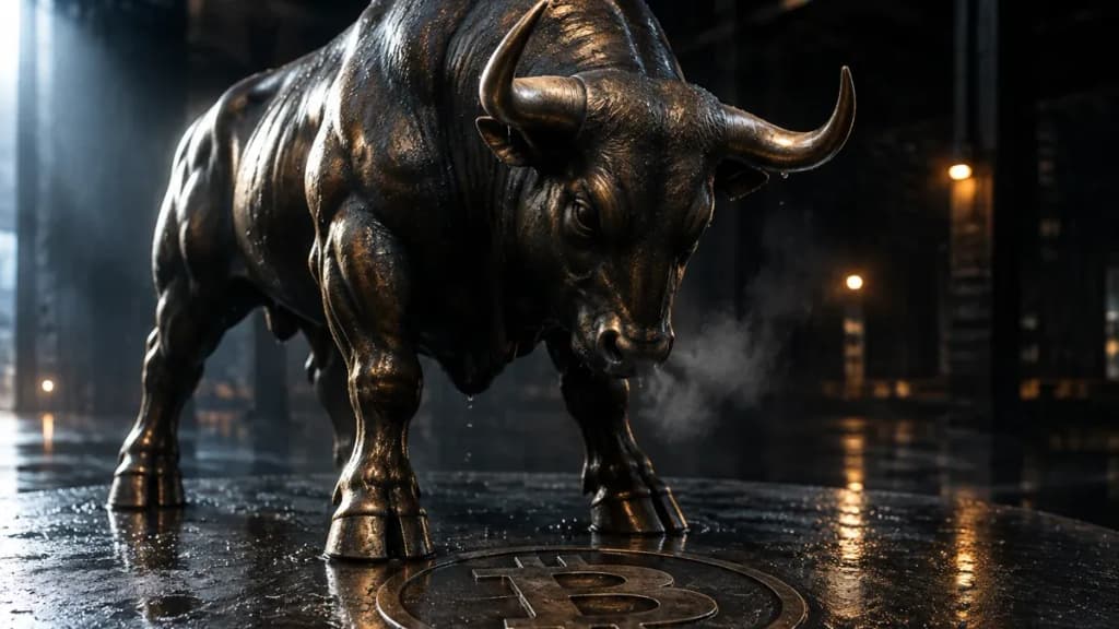 Bronzener Stier auf einer regennassen Metallplattform, in die ein Bitcoin-Zeichen eingestanzt ist