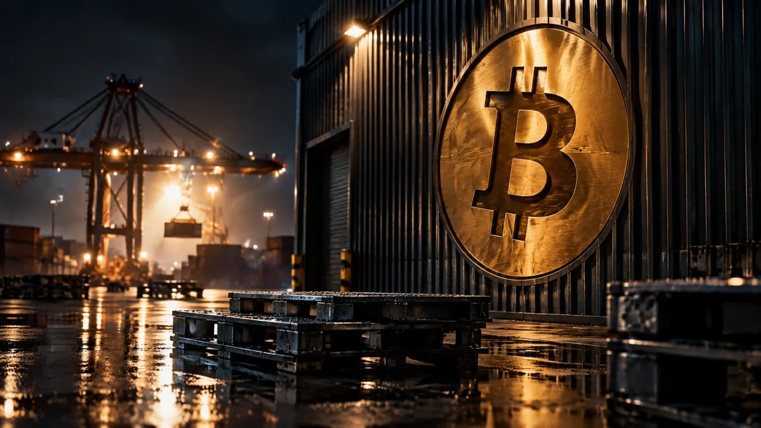 Nächtliches Frachtterminal, in der Riffelblechwand einer Umschlaghalle das Bitcoin-Zeichen als eingelassene Messinggravur, davor schwere Stahlpaletten auf nassem Beton