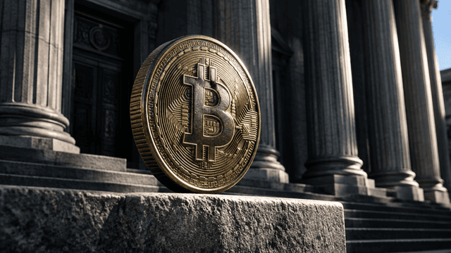 Menschenleeres klassizistisches Notenbank-Portal aus grauem Stein mit hohen Säulen, davor eine schwere Metallmünze mit eingeprägtem Bitcoin-Symbol auf der obersten Steinstufe