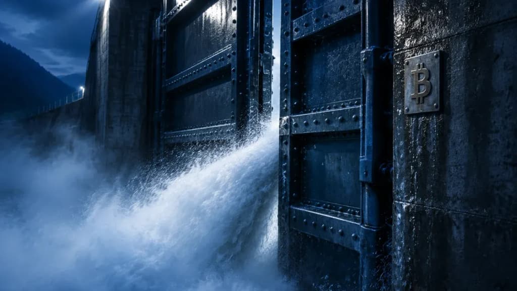 Das stählerne Schleusentor eines großen Staudamms, nur einen Spalt geöffnet, Wasser schießt unter hohem Druck hindurch und zerstäubt zu Nebel