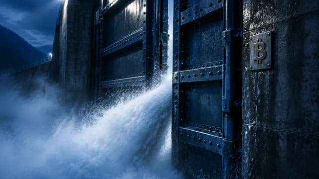 Das stählerne Schleusentor eines großen Staudamms, nur einen Spalt geöffnet, Wasser schießt unter hohem Druck hindurch und zerstäubt zu Nebel